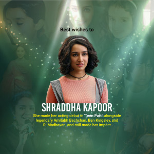 Shraddha Kapoor portrait with images of other actors in the background