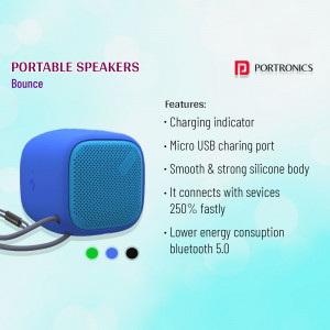 Close-up of a blue Portronics Bounce portable speaker with features listed.