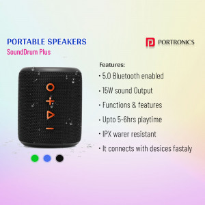 Portronics SoundDrum Plus portable Bluetooth speaker with features listed