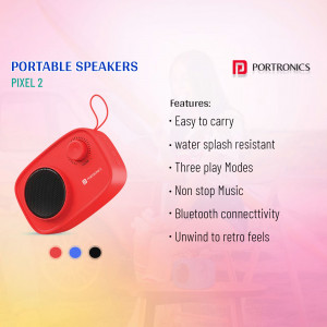 Red Portronics Pixel 2 portable speaker with features listed