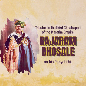 Portrait of Rajaram Bhosle with text commemorating his Punyathithi