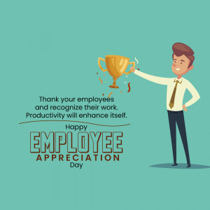 Illustration of a man holding a trophy with text 'Employee Appreciation Day'