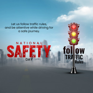 Traffic light with red signal and text promoting road safety