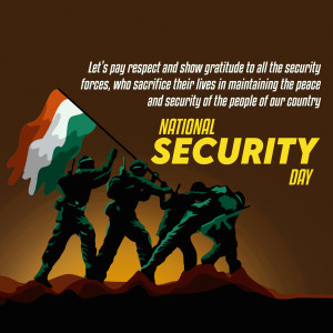Silhouette of soldiers raising the Indian flag with text 'National Security Day'