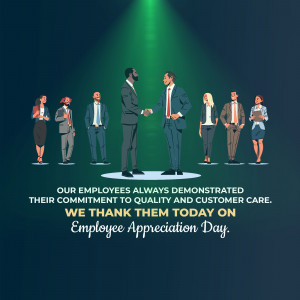 Illustration of a diverse team of professionals with a handshake in the foreground and text celebrating Employee Appreciation Day.