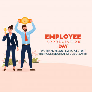 Illustration of two employees celebrating with a trophy and a gold medal, with text 'Employee Appreciation Day'