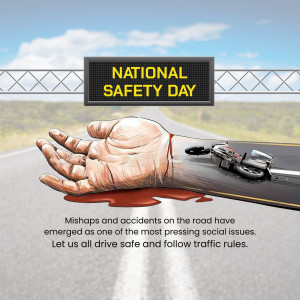 Graphic depicting a hand with an injury and a motorcycle, promoting National Safety Day and road safety.