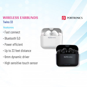 Portronics Twins 33 wireless earbuds in white and black colors with charging case