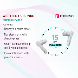 Portronics Harmonics Twins 24 wireless earbuds with charging case and features listed