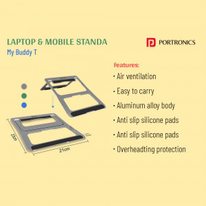 Portronics My Buddy T Laptop and Mobile Stand with features listed