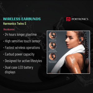Woman wearing Portronics Harmonics Twins S wireless earbuds while exercising