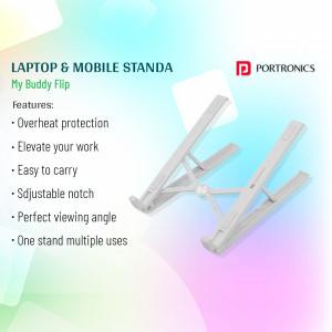 Silver foldable laptop and mobile stand by Portronics