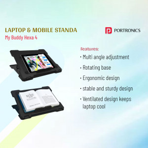 Portronics Buddy Hexa 4 laptop and mobile stand with features listed