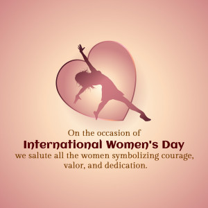 Silhouette of a woman jumping within a heart shape with International Women's Day text.