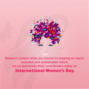 A woman's silhouette with butterflies forming her hair, celebrating International Women's Day.