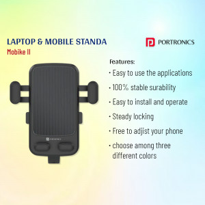 Black Portronics Mobike II mobile stand with features listed.