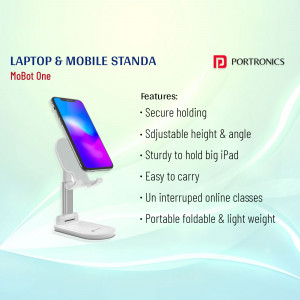 Portronics MoBot One mobile and laptop stand with a smartphone displayed