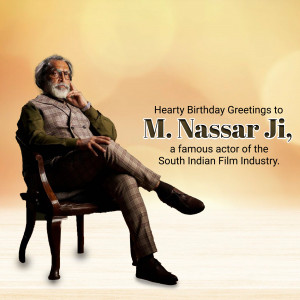 Portrait of M. Nassar, a South Indian film actor, with birthday wishes.