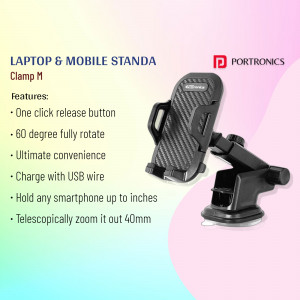 Portronics Clamp M - a black mobile and laptop stand with a clamp