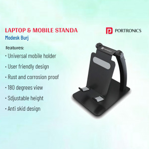 Black Portronics Modesk Burj laptop and mobile stand on a light teal background