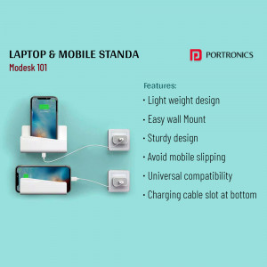 Portronics Modesk 101 laptop and mobile stand with features listed