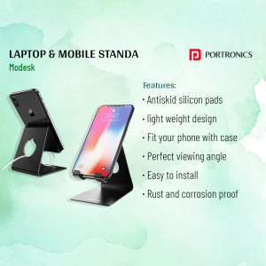 Black Portronics ModesK mobile and laptop stand with features listed