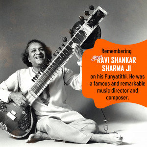 Black and white portrait of Ravi Shankar Sharma Ji playing a sitar.