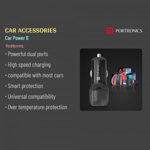 Portronics Car Power 6 dual USB car charger with smartphones in the background