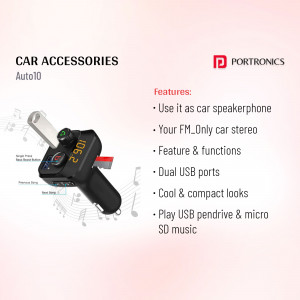 Portronics Auto10 Car FM Transmitter with features listed