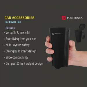 Black Portronics Car Power One jump starter held in a hand with features listed.