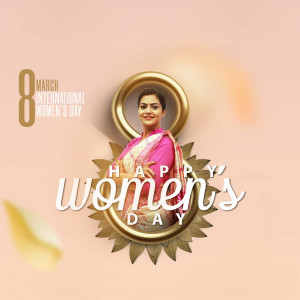 A woman's portrait within a golden circular frame with the text 'Happy Women's Day'