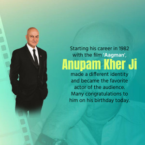 Portrait of Anupam Kher with text celebrating his birthday and career.