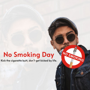 A young man with sunglasses holding a cigarette with a 'No Smoking' sign in the background.