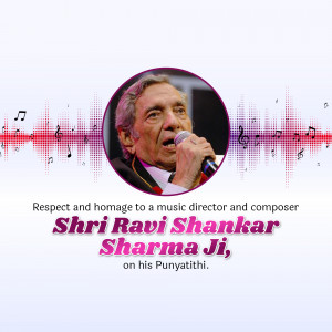 Portrait of Shri Ravi Shankar Sharma Ji singing into a microphone with a musical background.