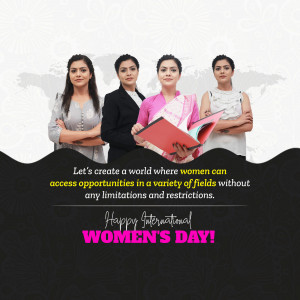 Four professional women standing together with a book, celebrating International Women's Day.