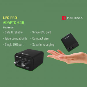 Portronics UFO Pro Adapto 649 USB charger with hand for scale