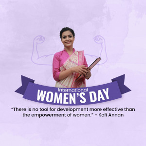 Woman in traditional attire holding a tablet with International Women's Day banner