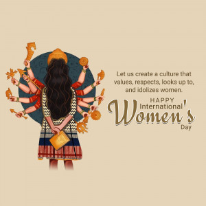 Illustration of a woman with multiple arms representing Durga, with text celebrating International Women's Day.