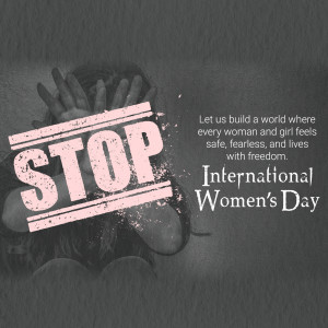 Image depicting hands reaching out with a 'STOP' sign overlaid, promoting awareness for International Women's Day and ending violence against women.