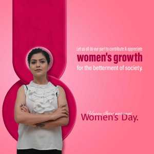 Woman standing with arms crossed in front of a pink and white graphic for International Women's Day