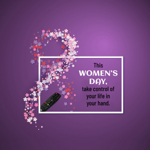Women's Day graphic with cherry blossoms and a remote control