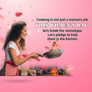 Woman cooking with text promoting gender equality in the kitchen for Women's Day.