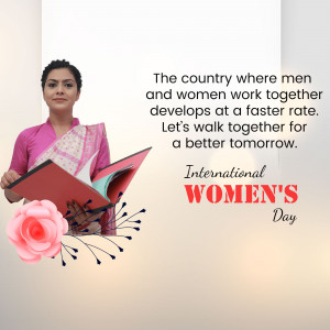 Woman holding a book with International Women's Day message and floral decoration.