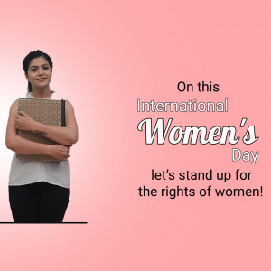 Woman holding books with International Women's Day text overlay