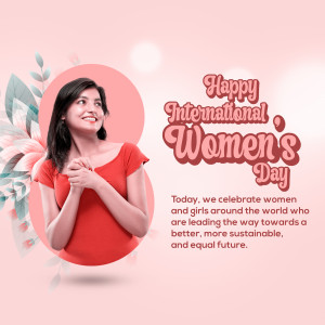 Image celebrating International Women's Day with a woman's portrait and floral elements.