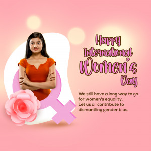 A woman standing with arms crossed in front of a pink ribbon and flowers, with text celebrating International Women's Day.