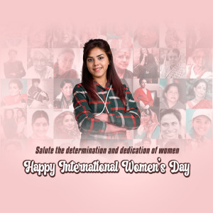 A woman with a collage of other women in the background, celebrating International Women's Day.