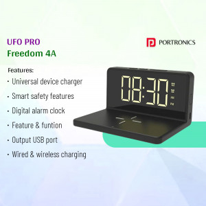 Portronics UFO Pro Freedom 4A wireless charger with digital clock display