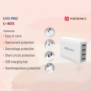 Portronics UFO Pro U-Box universal travel adapter with multiple plug options and USB ports