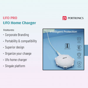Portronics UFO Pro - a white circular multi-port USB home charger with a cable plugged in.